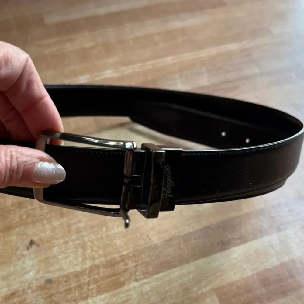 Original Penguin Men's Reversible Leather Belt Black Brown, Silver Buckle